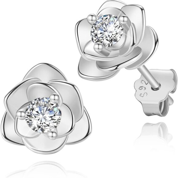 14K Gold Plated Sterling Silver Rose Flower Stud Earrings with Cubic Zirconia fo - Picture 1 of 5